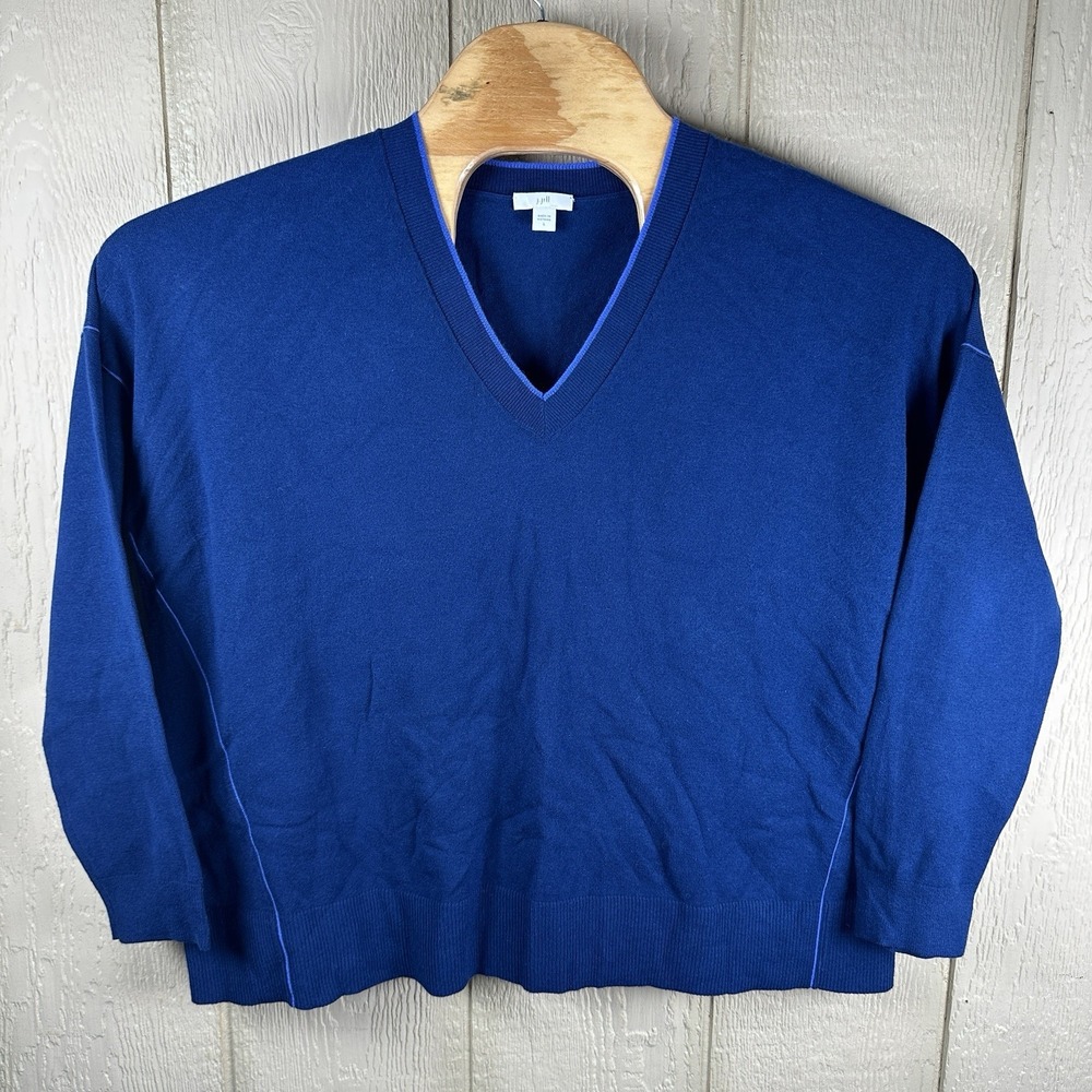J Jill V-Neck Long Sleeve Knit Pullover Sweater Size Large Navy Blue Lightweight